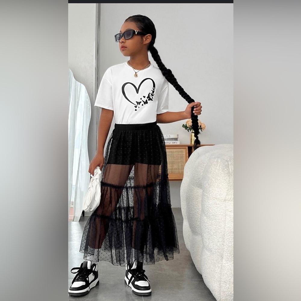 White Heart and Butterfly T-Shirt with Black Mesh Mother and Daughter Skirt Set